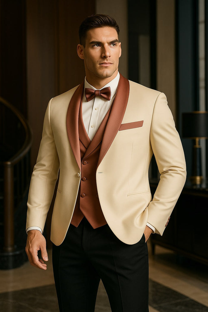 White & Rose Gold Tuxedo with Mauve Vest and Bow Tie