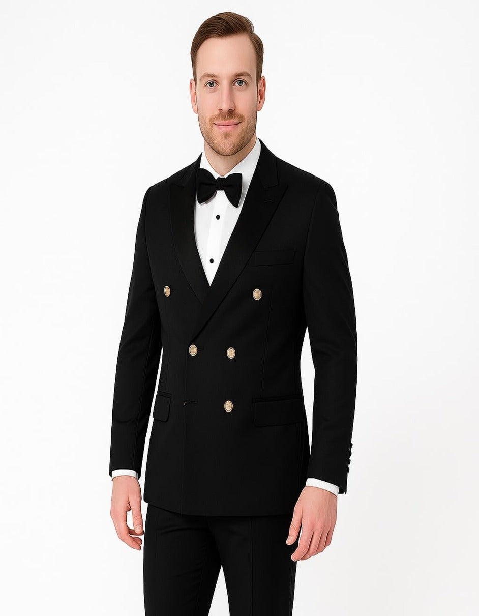 Men’s Double-Breasted Black Tuxedo with Gold Buttons