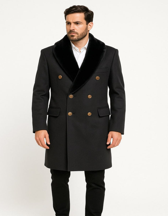 Double-Breasted Overcoat with Faux Fur Collar