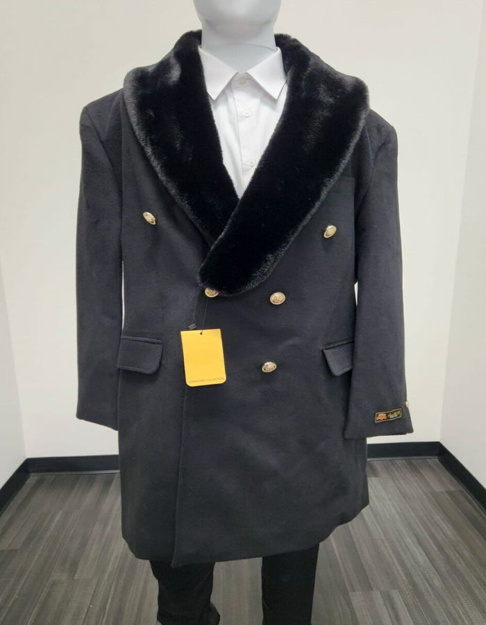Double-Breasted Overcoat with Faux Fur Collar