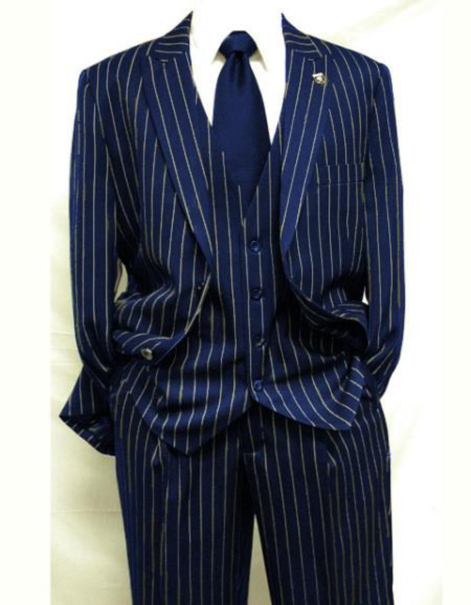 Men’s Gangster-Style Navy Pinstripe 3-Piece Suit