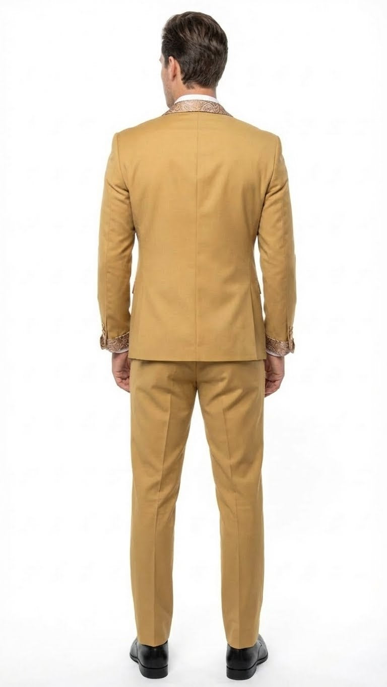 Men's Gold Embellished Tuxedo Suit + Bowtie – Slim Fit Jacket, Vest and Tailored Pants