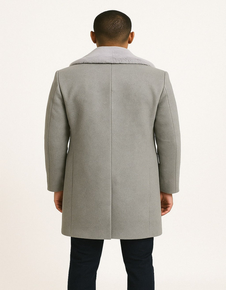 Men’s Grey Wool Overcoat with Plush Faux Fur Shawl Collar – Winter Luxury Coat