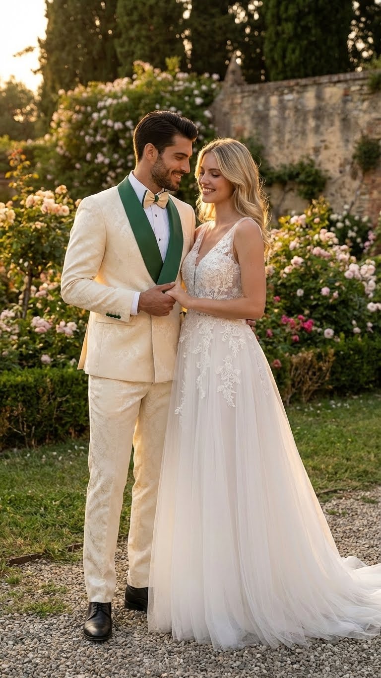 Men's Ivory and Emerald Green Jacquard Tuxedo Suit + Bowtie  3-Piece