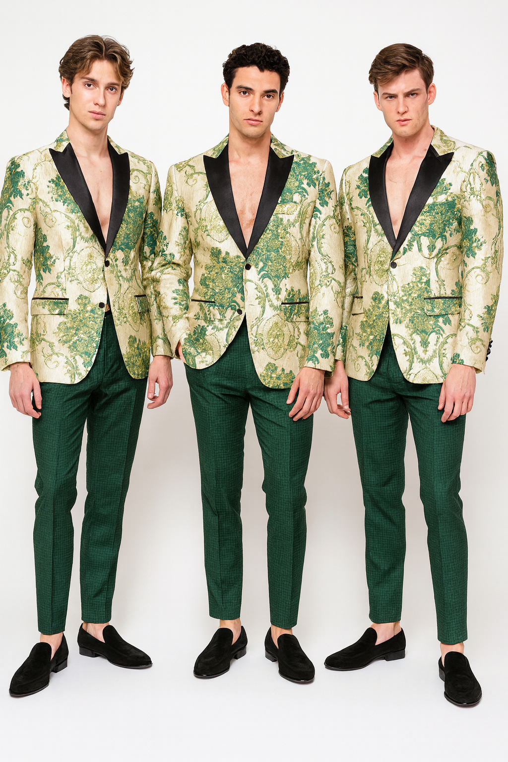 Floral Embroidered Ivory & Green Tuxedo Suit Jacket
