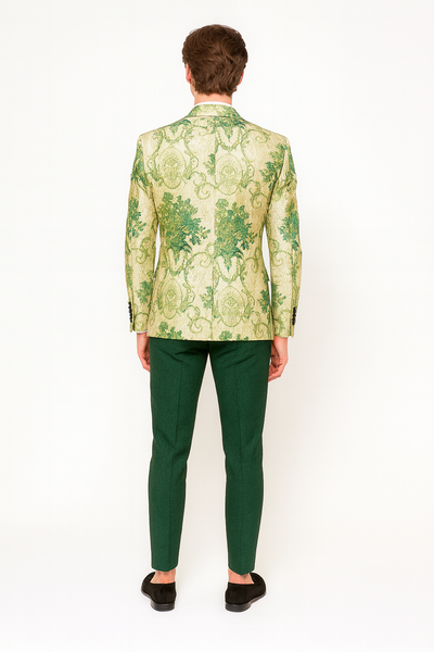 Floral Embroidered Ivory & Green Tuxedo Suit Jacket