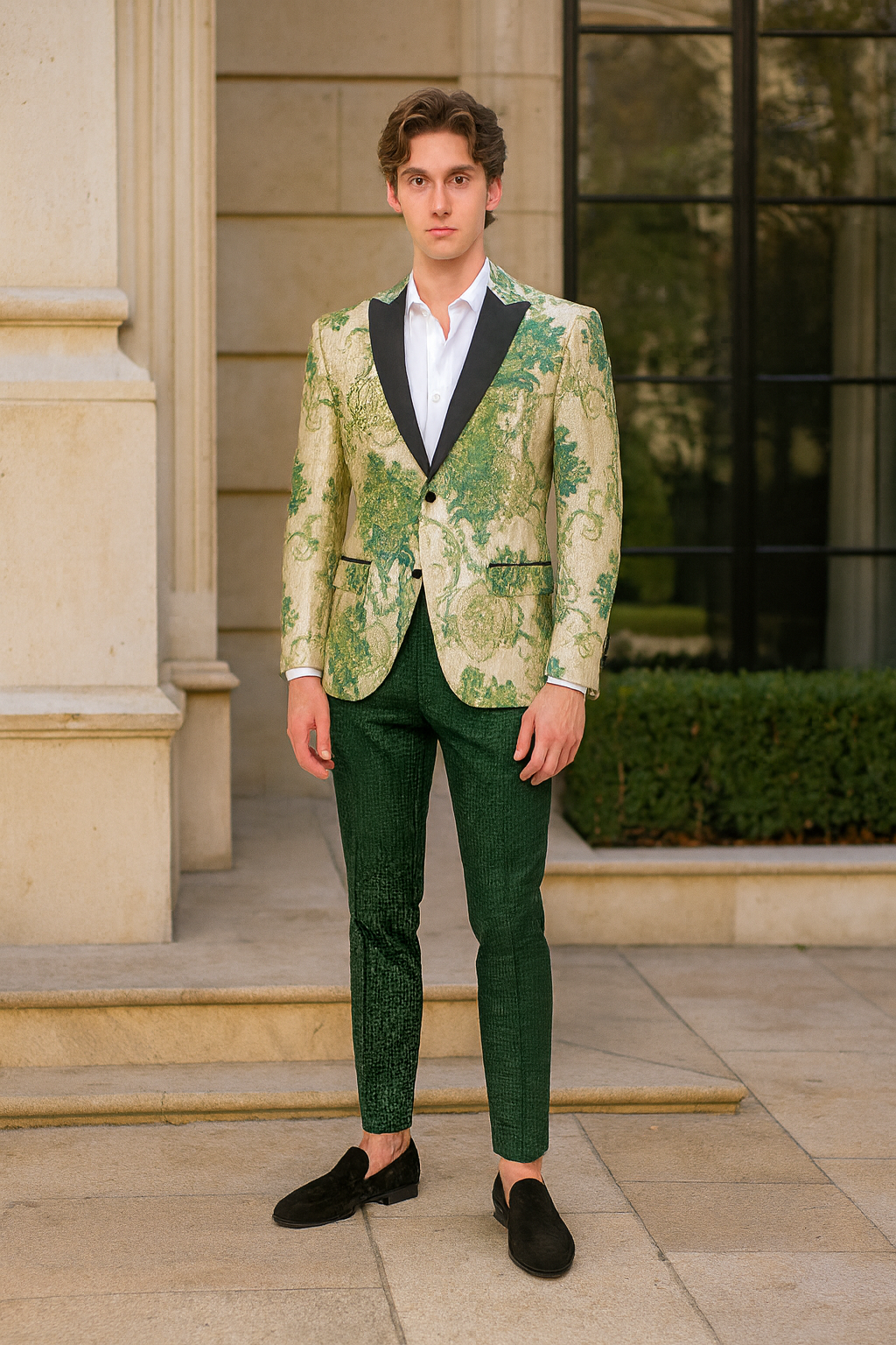 Floral Embroidered Ivory & Green Tuxedo Suit Jacket