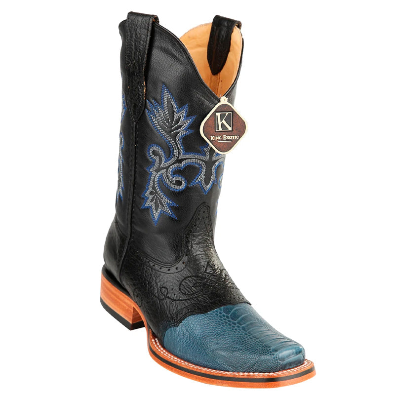 King Exotic Ostrich Leg Square Toe Blue Jean Boots