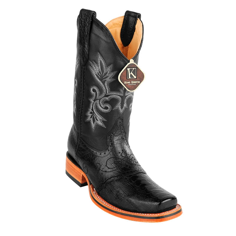King Exotic Ostrich Leg Square Toe Boots Black