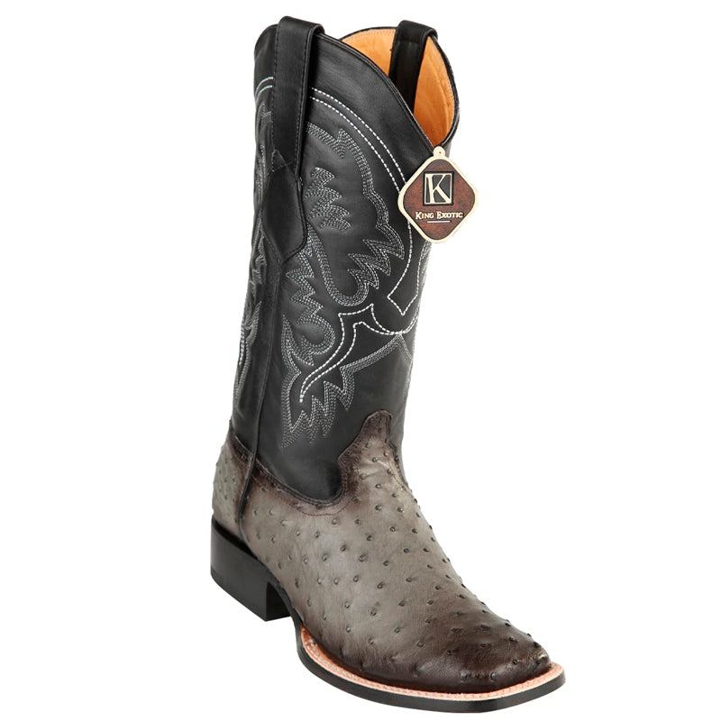 Full Quill Ostrich Square Toe Boots Handmade Burnished Gray