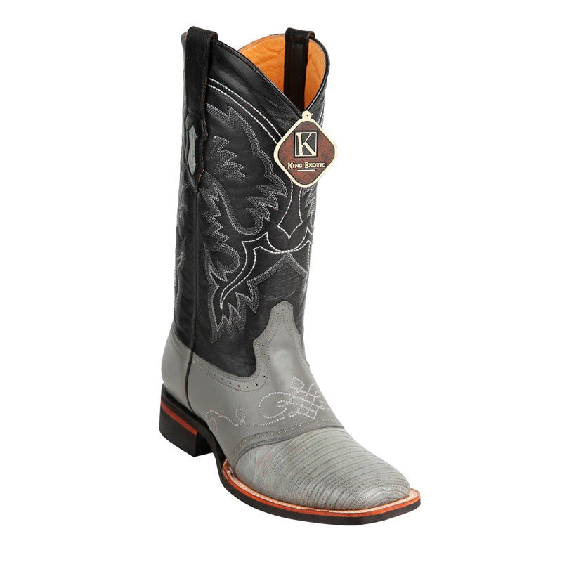King Exotic Handmade Teju Lizard Square Toe Boots Gray