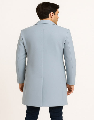 Men’s Light Blue Wool Overcoat - Single-Breasted Long Coat