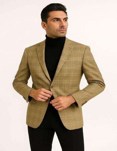Men's Light Brown Plaid Sport Coat – Classic Check Blazer for Business and Casual Wear in Tan Windowpane Taupe Color