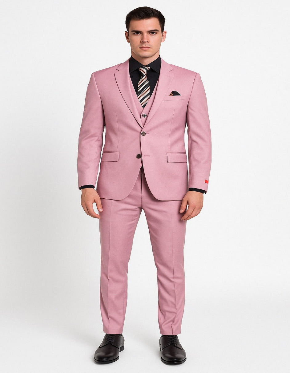 Pink 3-Piece Slim Fit Suit with Vest
