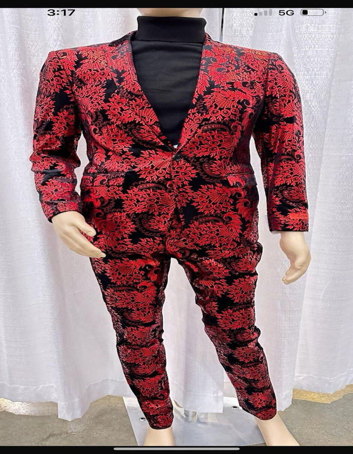 Red & Black Floral Slim Tuxedo Suit for Men