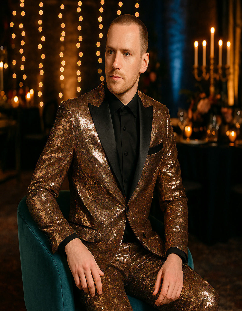 Rose Gold Sequin Tuxedo Slim Fit Blazer
