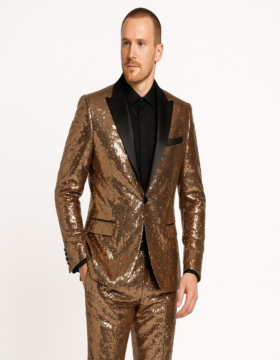Rose Gold Sequin Tuxedo Slim Fit Blazer