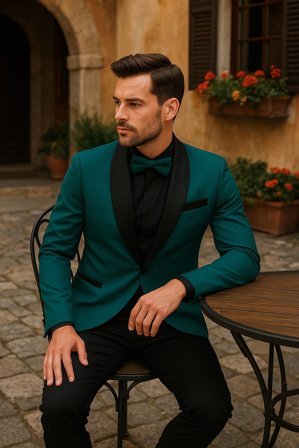 Teal Velvet Tuxedo with Satin Lapel and Bow Tie