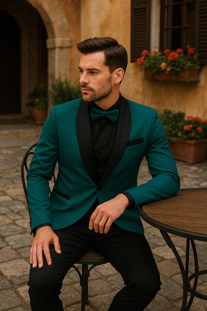 Teal Velvet Tuxedo with Satin Lapel and Bow Tie