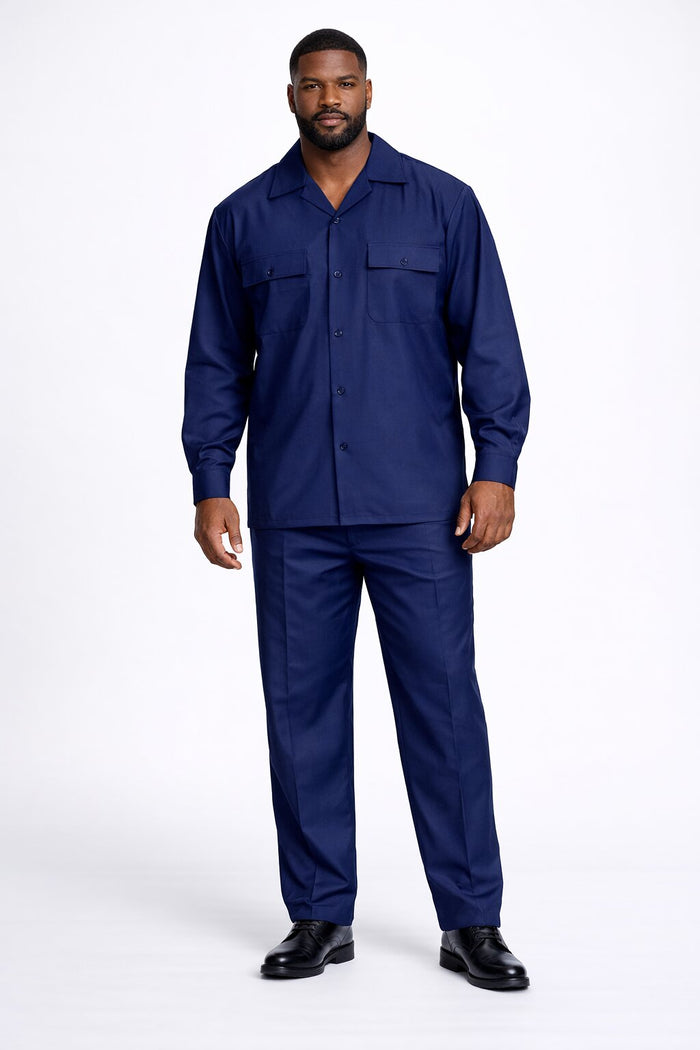 Mens Luxury Navy Blue Wool Two-Piece Leisure Walking Suit