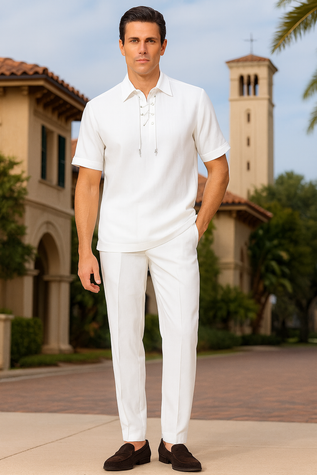 White Lace-Up Summer Shirt & Pants Set for Men