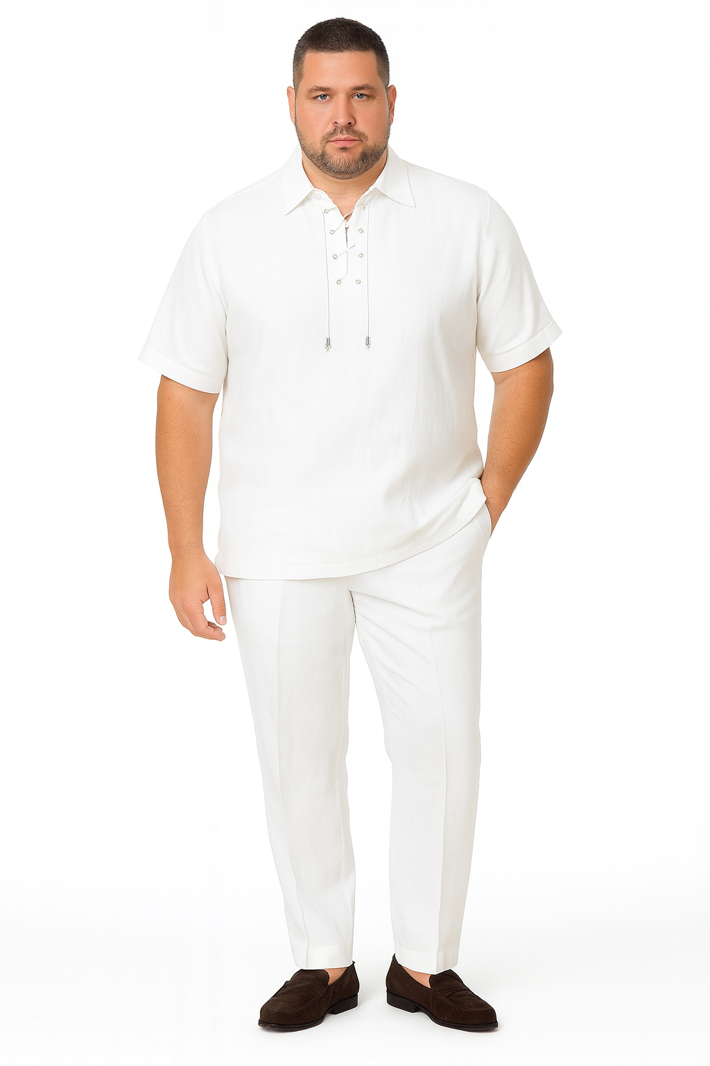 White Lace-Up Summer Shirt & Pants Set for Men