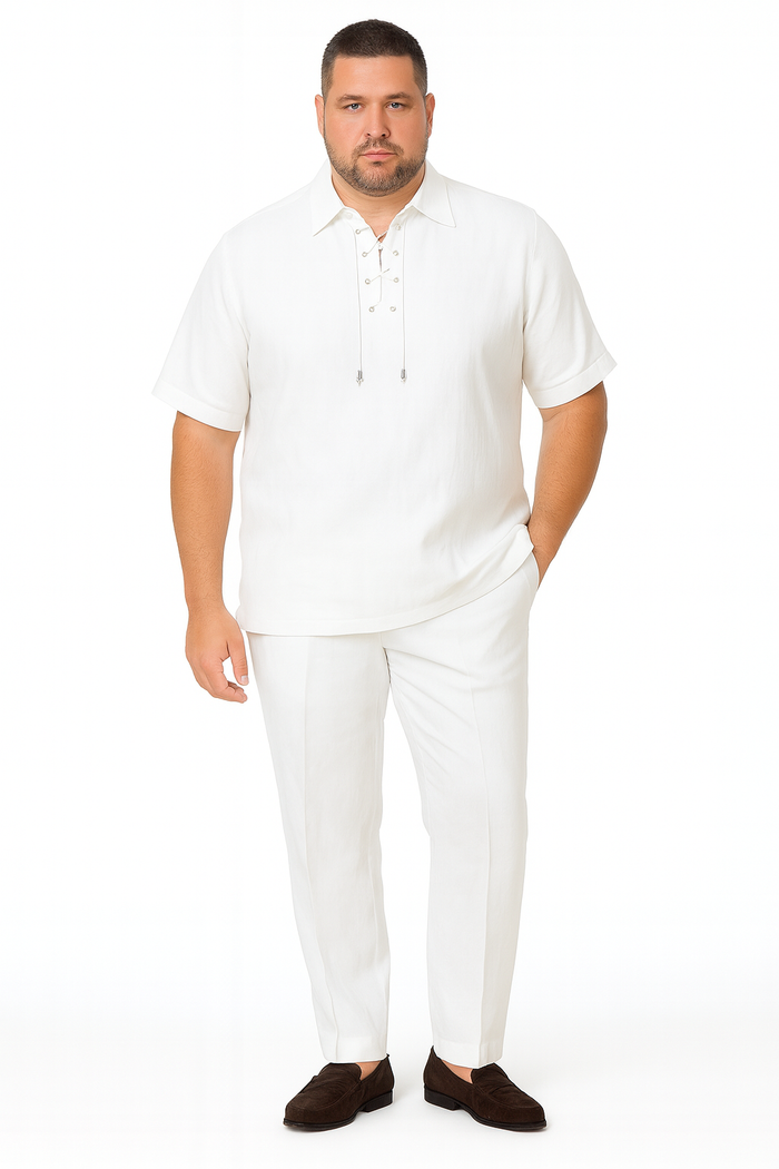 White Lace-Up Summer Shirt & Pants Set for Men