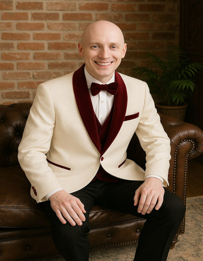 White Floral Tuxedo Jacket with Velvet Lapel