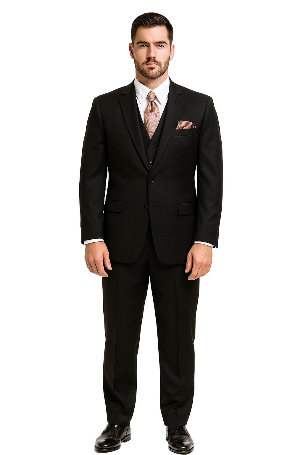 Men's 2 Button Black Regular Basic Cut Flat Front Pants Three Piece Suit