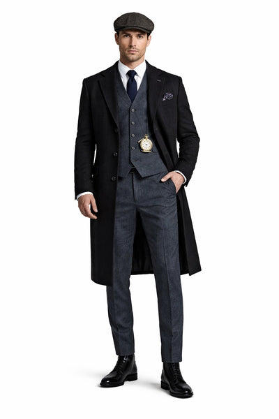 Men's Gray Three Button Two Flap Front Pockets 3 Piece Peaky Blinders Suit - Peaky Blinders Outfit + Overcoat + Shirt and hat + Boot (Like pictured)