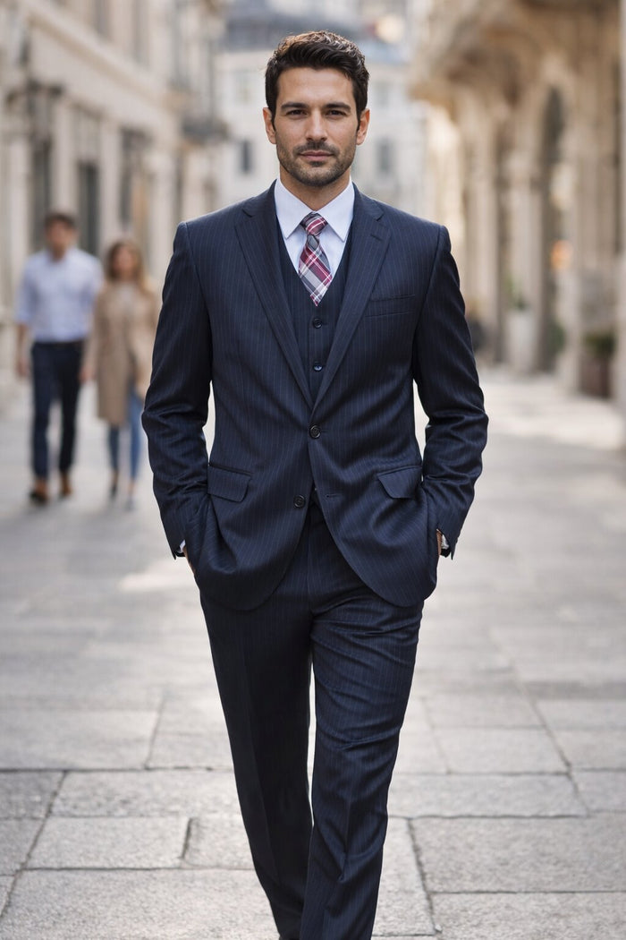 Men's Black Pinstripe 2-button Vested 2 Piece Suits - Two piece Business suits Suit