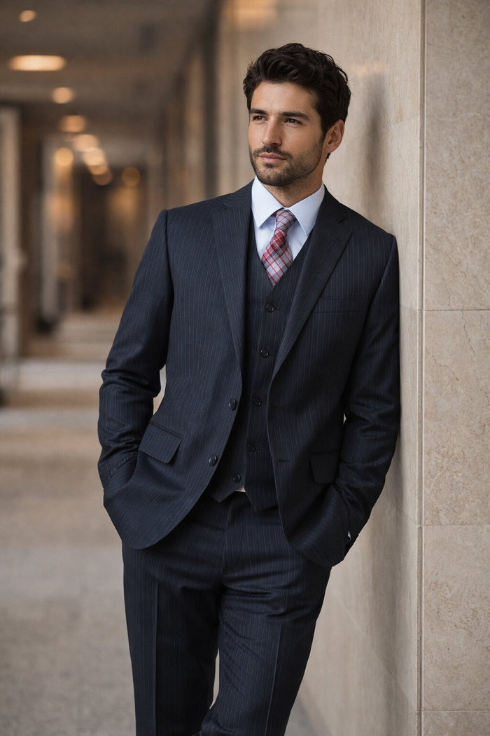 Men's Black Pinstripe 2-button Vested 2 Piece Suits - Two piece Business suits Suit