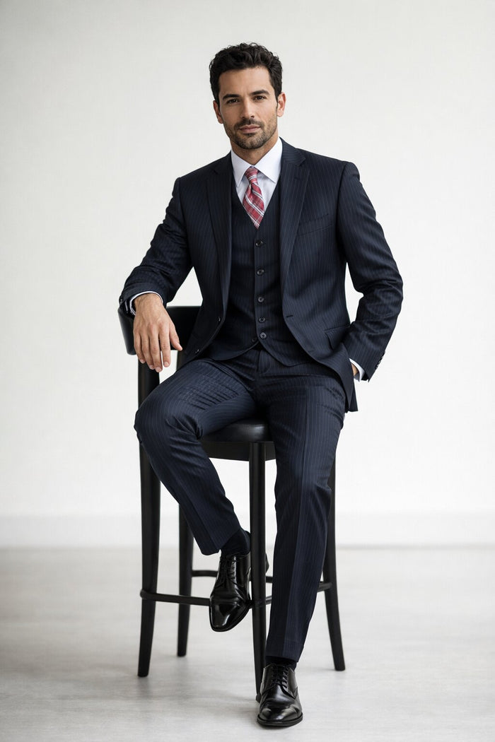 Men's Black Pinstripe 2-button Vested 2 Piece Suits - Two piece Business suits Suit