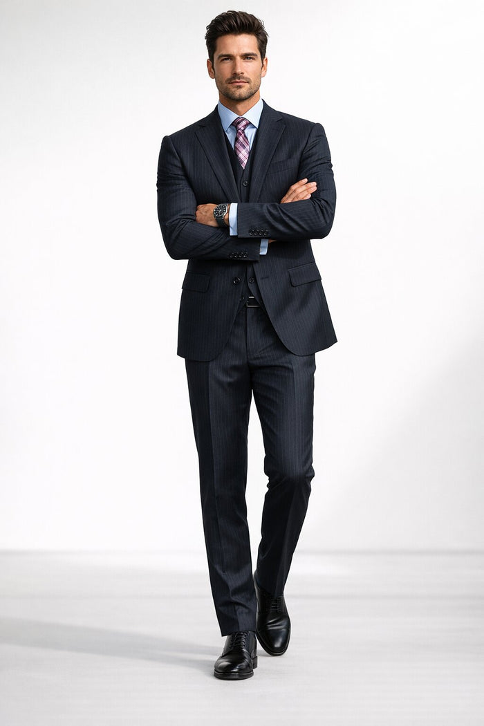 Men's Black Pinstripe 2-button Vested 2 Piece Suits - Two piece Business suits Suit
