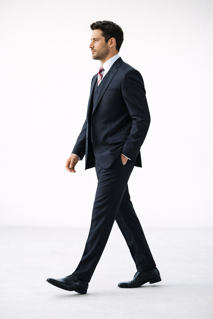 Men's Black Pinstripe 2-button Vested 2 Piece Suits - Two piece Business suits Suit
