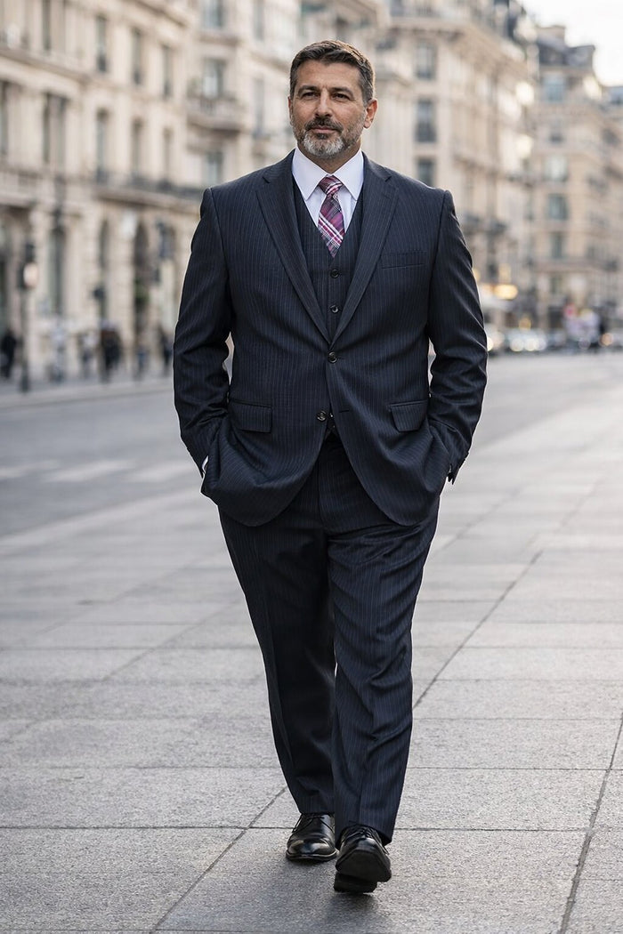 Men's Black Pinstripe 2-button Vested 2 Piece Suits - Two piece Business suits Suit
