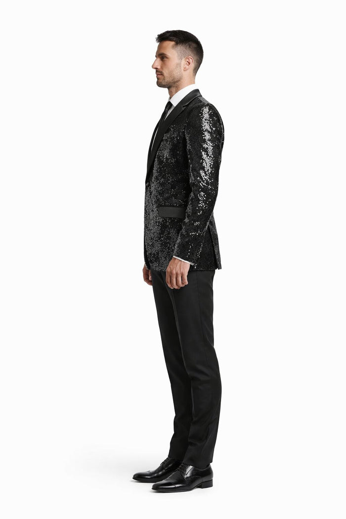 Black Sequin Tuxedo Blazer by Rossiman