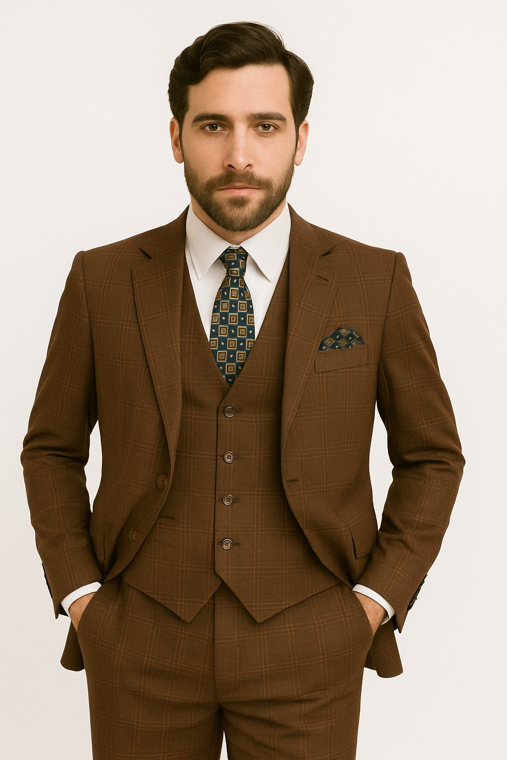 Men's Brown Plaid 3 Piece 1920s Fashion Suit Scoop Vest