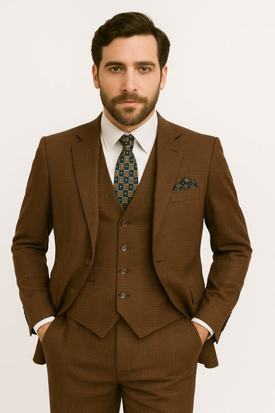 Men's Brown Plaid 3 Piece 1920s Fashion Suit Scoop Vest