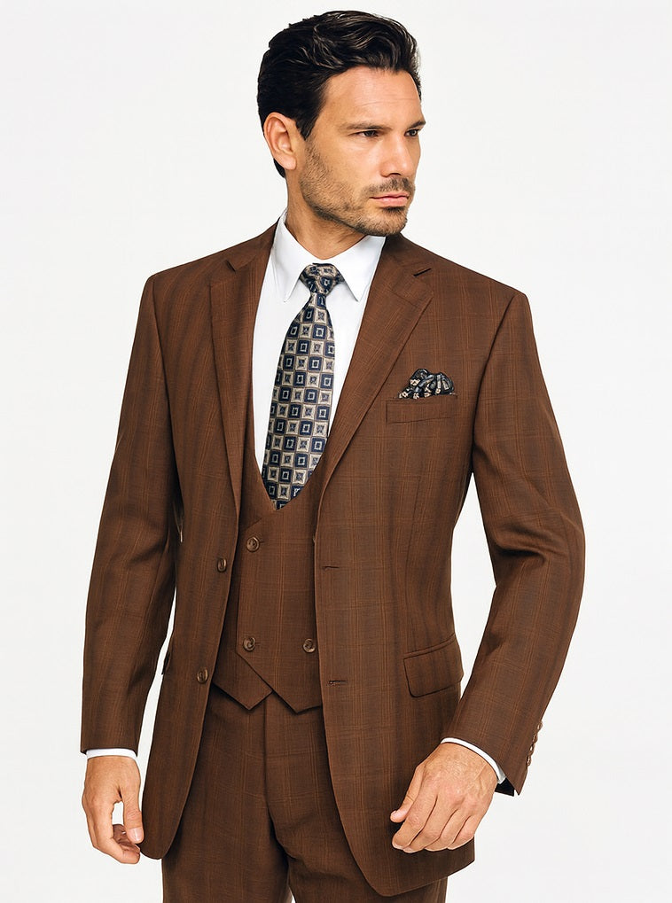Men's Brown Plaid 3 Piece 1920s Fashion Suit Scoop Vest