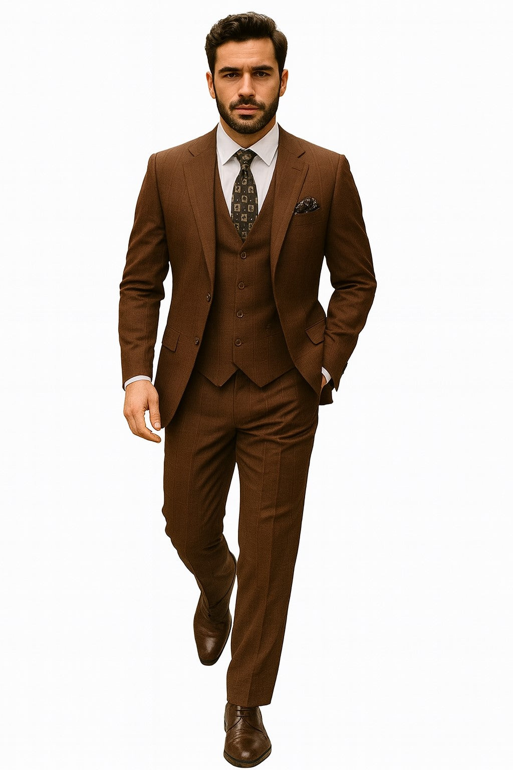 Men's Brown Plaid 3 Piece 1920s Fashion Suit Scoop Vest