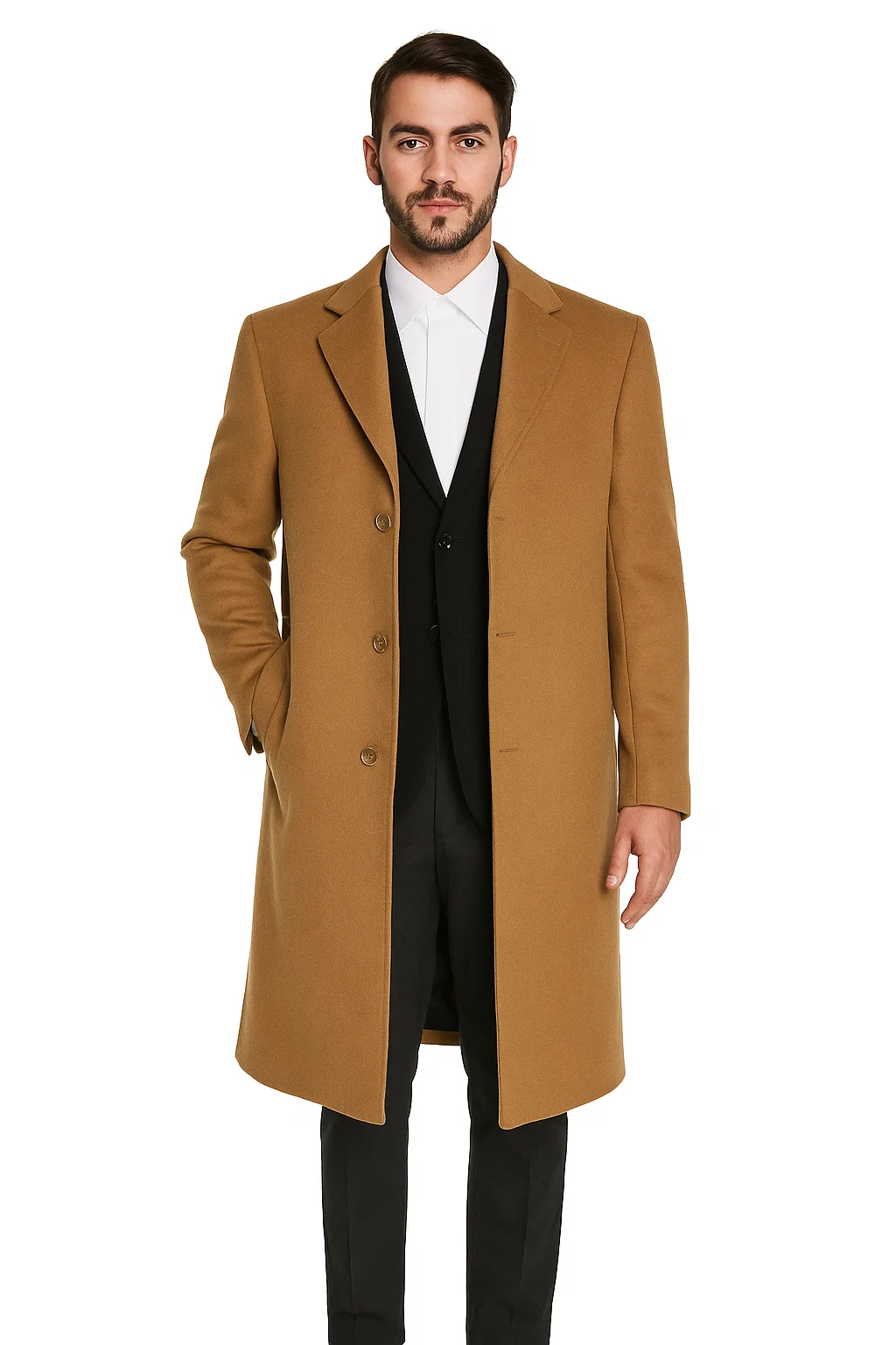Men’s Camel Overcoat, Single Breasted Wool Coat