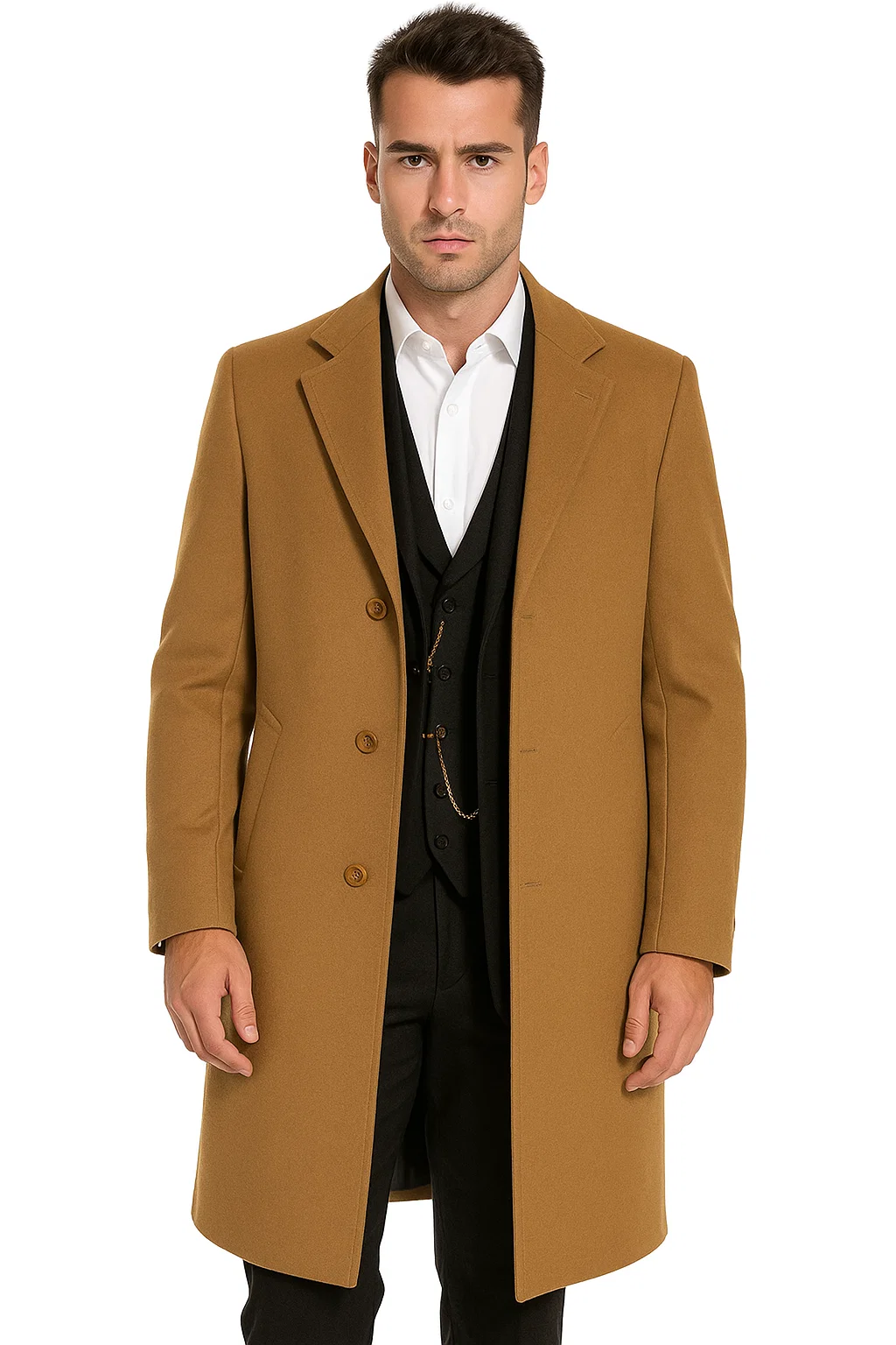 Men’s Camel Overcoat, Single Breasted Wool Coat