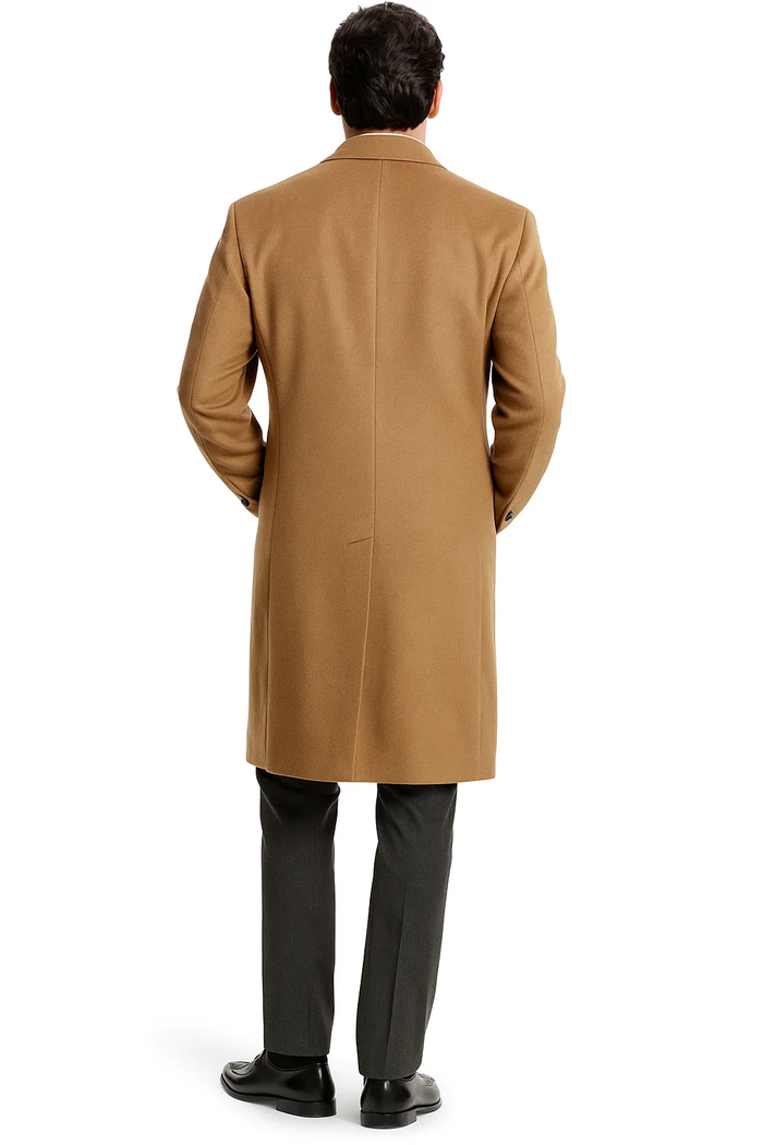 Men’s Camel Overcoat, Single Breasted Wool Coat
