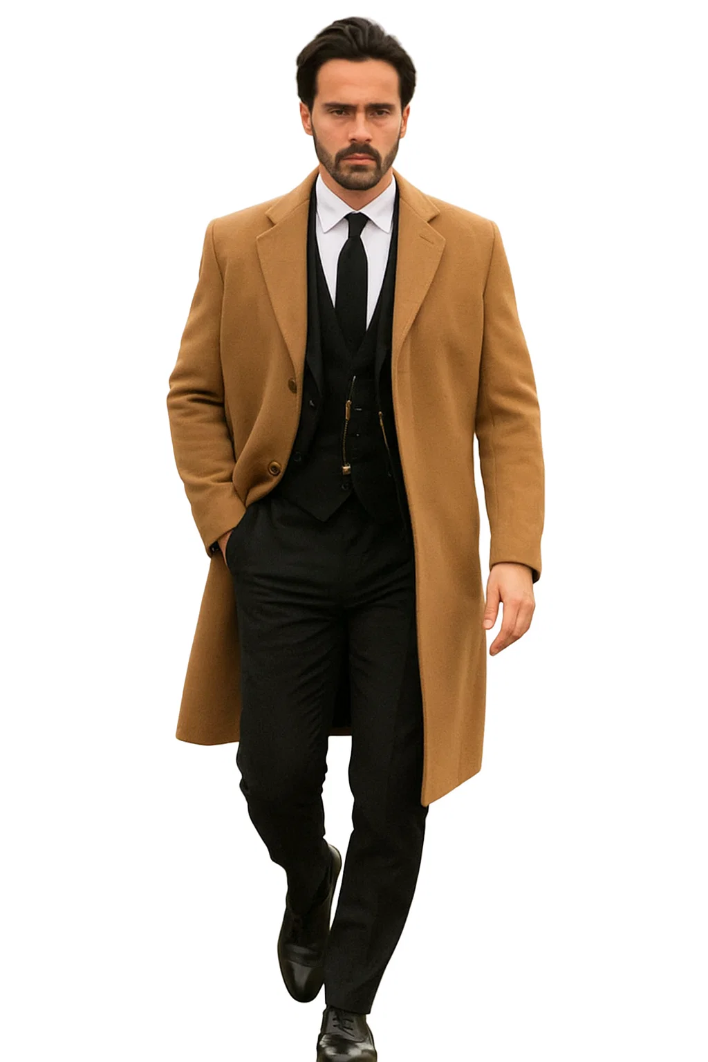 Men’s Camel Overcoat, Single Breasted Wool Coat
