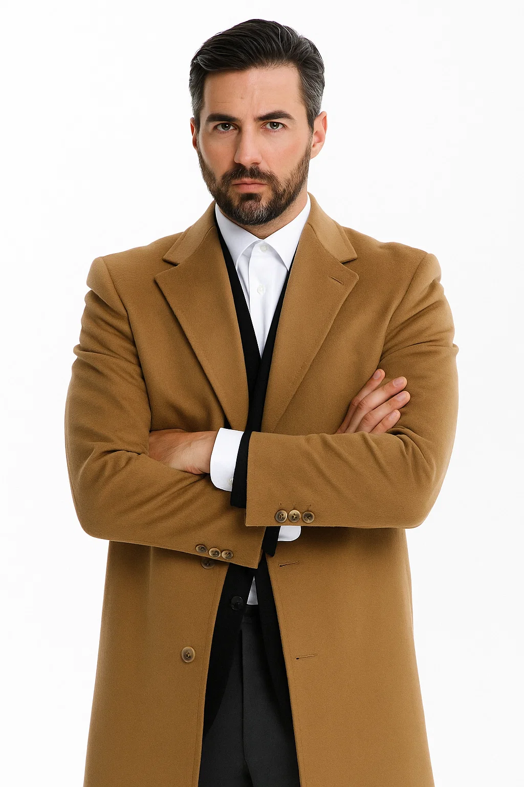 Men’s Camel Overcoat, Single Breasted Wool Coat