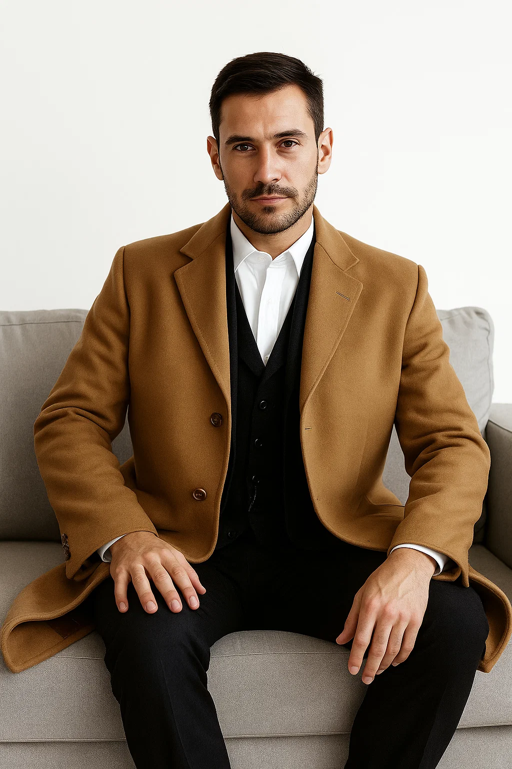Men’s Camel Overcoat, Single Breasted Wool Coat