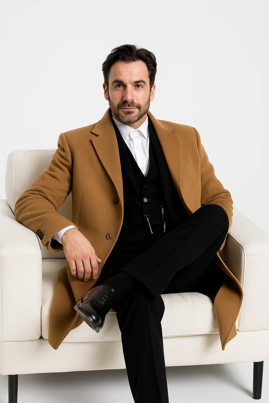 Men’s Camel Overcoat, Single Breasted Wool Coat