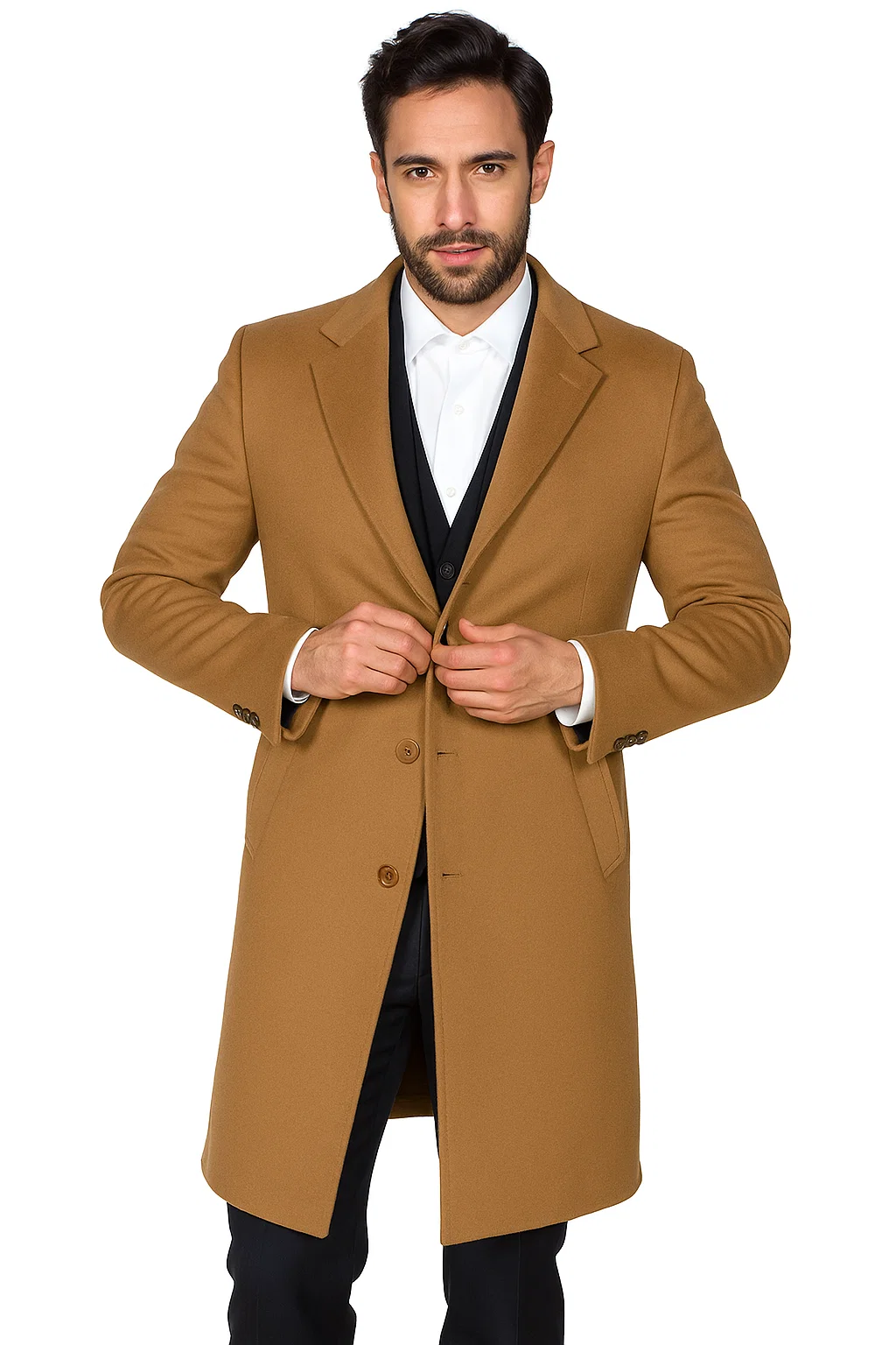 Men’s Camel Overcoat, Single Breasted Wool Coat