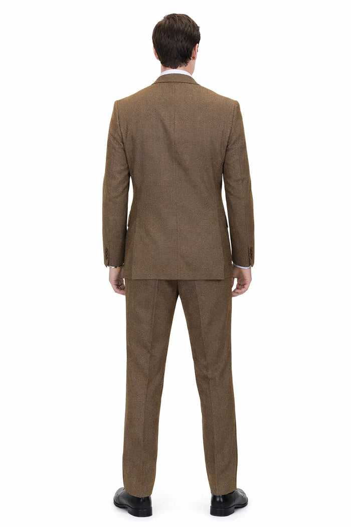 Men’s Copper Brown Micro Plaid Wool Suit – Designer Vintage Style with Vest